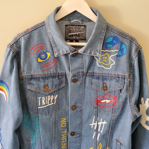 Brooklyn Clothing M Indie Sleeze 90s Grunge Flames Rainbow Unisex Jean Jacket - Picture 3 of 11